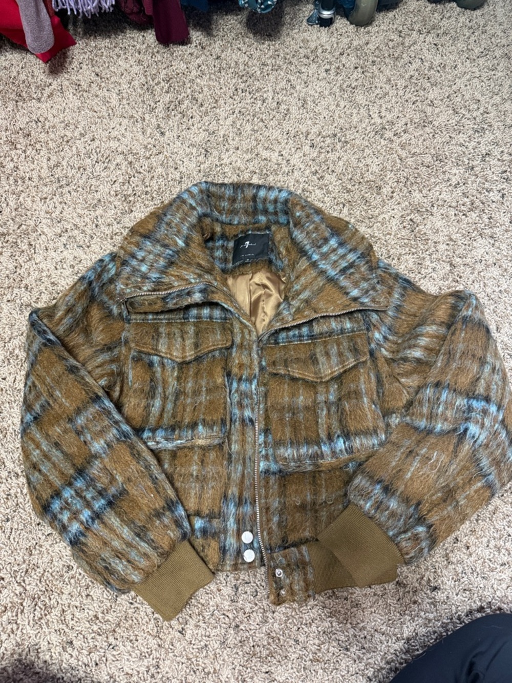 7 for all mankind Plaid Fuzzy Bomber Jacket in Brown and Blue